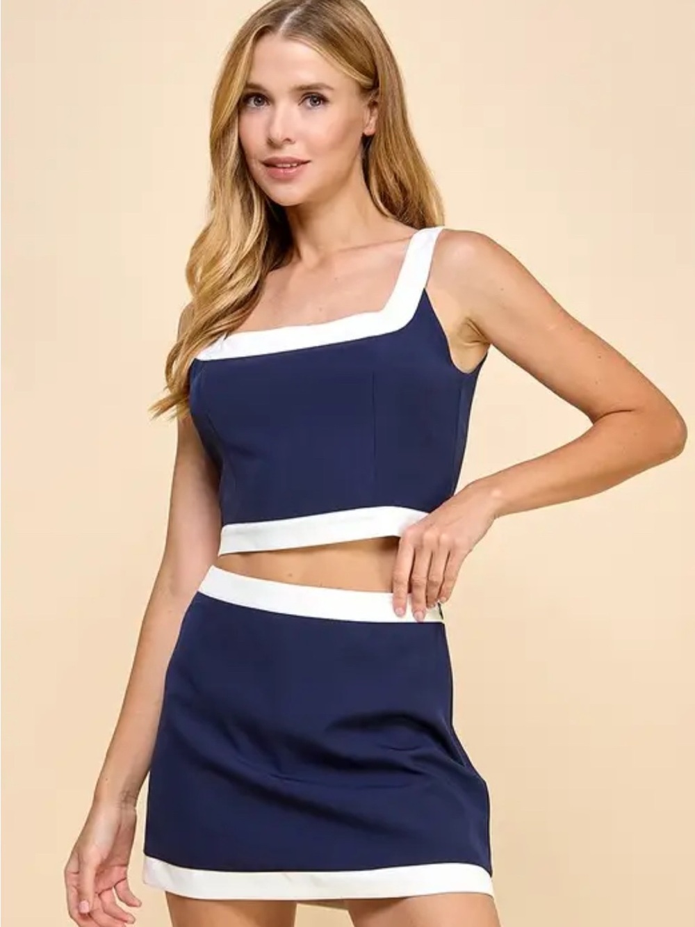 Navy Blue Two-Piece Crop Top and Mini Skirt Set with White Trim